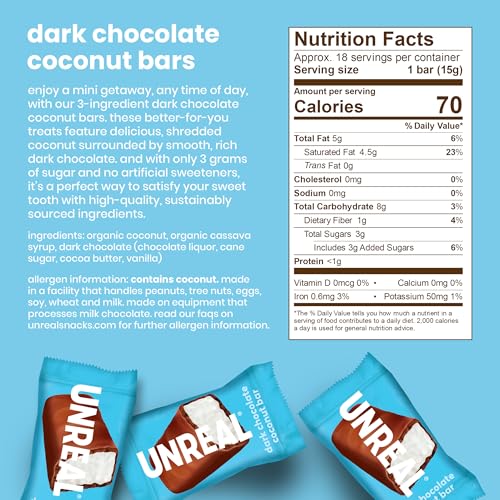 Image of UNREAL Dark Chocolate Coconut Bars (Value Size Bag) | Vegan, 3g Sugar, & 3 Simple Ingredients | Non-GMO, Gluten Free, & Fair Trade | 9.5oz