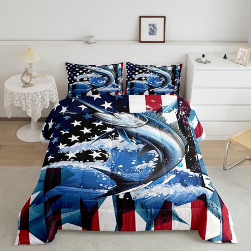 Marlin Swordfish Comforter Set Boys American Flag Bedding Set, Hunting and Fishing Comforter for Kids Teens Adult Bedroom Marine Life Ocean Animal Down Comforter with 1 Pillow Case, Blue Red