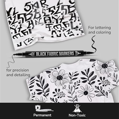 Image of Zenacolor 5 Dual-Tip Black Fabric Markers Permanent for Clothes - Fabric Paint Pens for Personalizing Shirts Bags Hats Canvas and Textiles