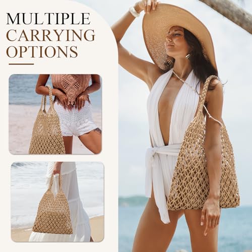Image of Pleneal Crochet Beach Bags for Women - Women Beach Handmade Tote Bag, Summer Mesh Hollow Shoulder Bag for Holiday Market