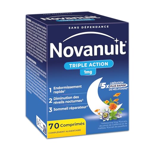 NOVANUIT TRIPLE ACTION – Endormissement – Complément Alimentaire – Réveils nocturnes – Sommeil réparateur – Mélatonine 1mg Plantes Vitamine B6 – 70...