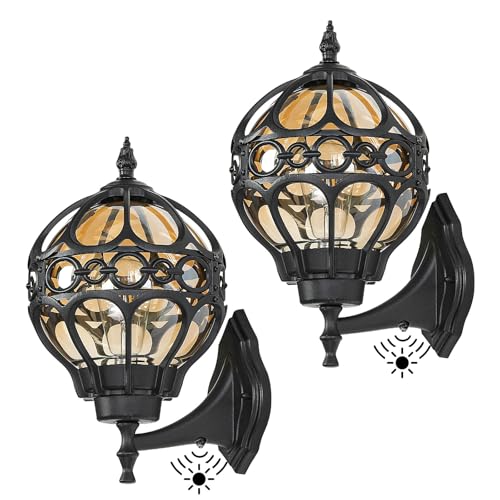 Dusk to Dawn Outdoor Lighting, Black Porch Wall Lights, Black Globe Aluminum Exterior House Lantern Wall Mount, Anti-Rust Waterproof Amber Glass Outside Light Fixtures for Patio Doorway Garage, 2pack