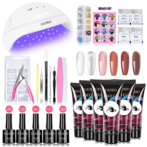 GEJRIO Poly Gel Nail Kit with UV Lamp, Poly Gel Kits with 6 Colors, Gel Base and Top Coat, Nail Art Supplies, All in One Extension Builder Gel for Nails for Professional and Beginner DIY at Home