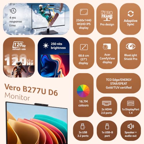 Image of Acer Smartchoice B277U D6 27 Inch WQHD 2560x1440 IPS Monitor | 120Hz | 5MP IR Webcam | HDR10, Delta E<1, DCI-P3 90% | Ergonomic Stand | USB Hub 3.2x3+USB-B (1up 3down) | PIP /PBP, Speakers, Eye Care