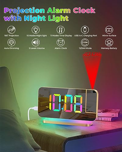 Szelam SZ-8853B-GD Projection Alarm Clock,7.4 Inch Led Mirror Digital Clocks Large Display,With 180° Rotatable Projector,Rgb Night Light,Usb C Port,Auto Dimmer thumb #1