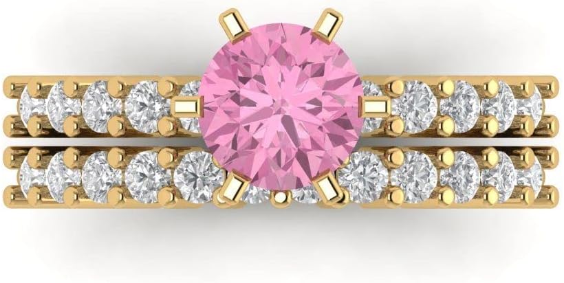 Clara Pucci 1.66 tcw Round Cut Pink Wedding Ring Set for Women | 14K Yellow Gold 2-Piece Womens Anniversary Ring for her, Womens Solid Gold Stackable Eternity Band and Vintage Gold Ring