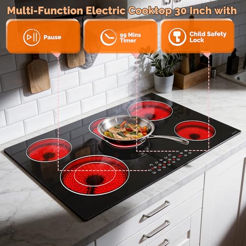 Image of Noxton Electric Cooktop 30 Inch,8400W High Power 5 Burner Radiant Stove Top | Expandable Burner, Child Safety Lock, Timer, Pause, 30 inch Drop-in Install Electric Ceramic Stovetop, 220-240V Hardwire, No Plug