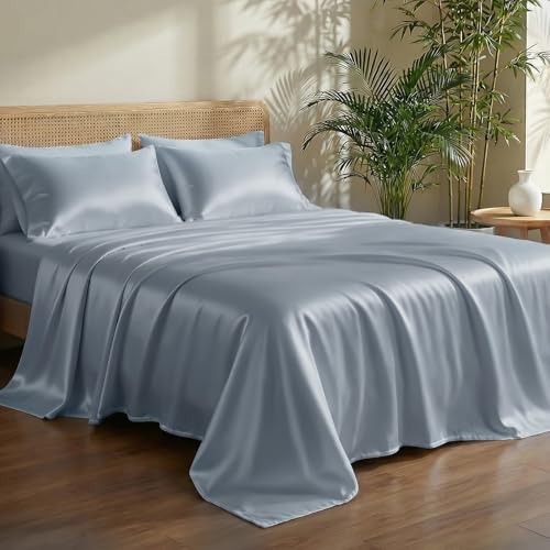 Luxury Tencel & Viscose Derived from Bamboo Hotel Sheet Set Deep Pocket & Cooling for Hot Sleepers Silky Smooth Hypoallergenic Breathable Bedding, 1 Year Quality Promise (Sterling Blue, Queen)
