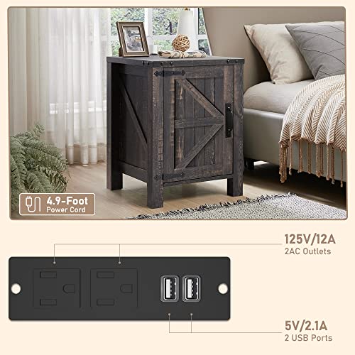 Okd Nightstand With Charging Station, 18 Inch Farmhouse End Table With Barn Door And Adjustable Storage Shelf, Rustic Wood Sofa Side Table W/Magnetic Door For Living Room, Bedroom, Dark Rustic Oak #TOP5