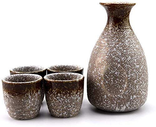 HaoLi 5-teiliges Sake-Set, 10 oz Japanisches Sake-Becher-Set, braunes Design-Keramikbecher, urige Textur, für kalt/warm/Shochu/Tee, Sake-Topf-Sets Cover