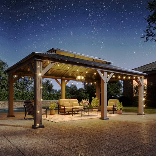Image of Aoxun 12' x 20' Outdoor Wood Gazebo, Hardtop Gazebo Permanent Wooden Pavilion with Galvanized Steel Double Roof, and LED Outdoor Waterproof Hanging Lights, for Patio, Garden, Deck, Cedar Wood