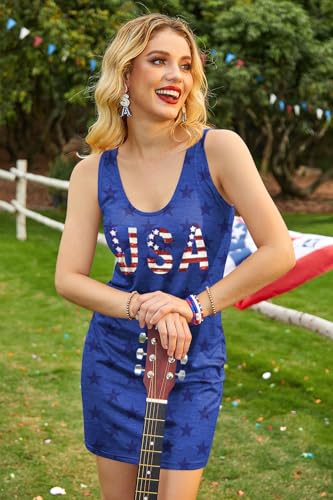 Image of For G and PL Women 4th of July American Flag Tank Dress Deep V Neck Stars Stripe Mini Patriotic Sleeveless Sundress