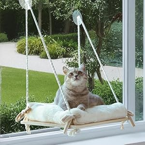 Cat Window Perch, Cat Hammock with Cushion Bed, Solid Wood Seat & Strong Suction Cups, Safety Window Bed for Indoor Cats