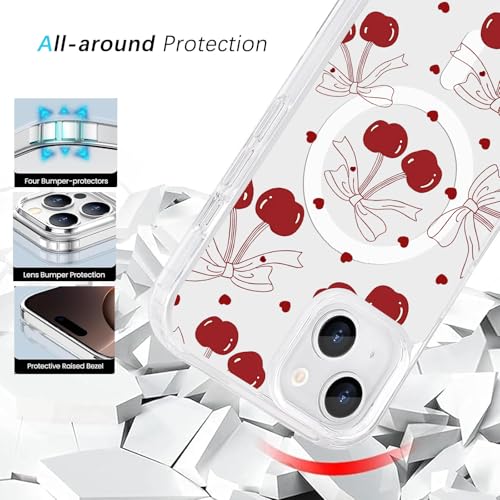Houdqklee Magnetic Bows for iPhone 14 Pro max Case, Cute Pink Ribbon Bow Cherry Phone Case Compatible with MagSafe, Shockproof Slim Soft TPU Clear Aesthetic Protective Cases for Women Girls - image 3