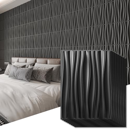 Art3d 24-Pack 3D Wall Panels for Interior Home Décor, PVC Wavy Textured Accent Wall Paneling for Living Room Bedroom TV Backdrop Office, 15.7 x 11.8 Inch - Black
