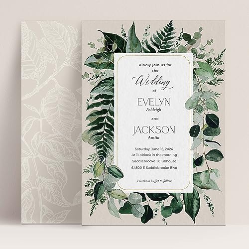 PIXELIA'S CREATIONS wedding invitations and rsvp cards with envelopes personalized. Watercolor greenery for botanical themed wedding.