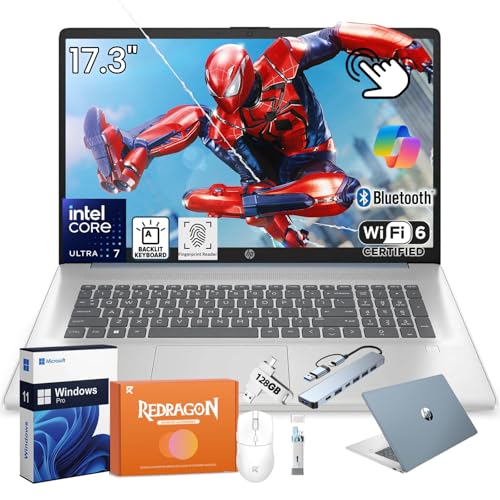 Image of HP 17 Inch Touchscreen Laptop, Intel Ultra 7 255U, 17.3 inch HD+ Display, 64GB DDR5, 2TB SSD, Win 11 Pro, Intel Built-in AI(12 Tops), Backlit KB, Wi-Fi 6, BT 5.4, Fast Charge, W /REDRAGON Accessories