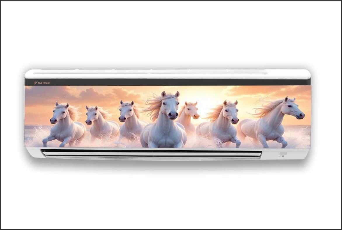 stylish white ac sticker, running horse ac skin, 3d split ac front cover design, decorative ac panel sticker, vastu horse ac wall art, modern home decor ac sticker for split ac units.