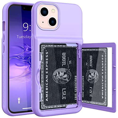 Lesgull LES-CARD-IP13-LG PURPLE For Iphone 13 Wallet Case, [Built In Credit Card Holder] 2 In 1 Defender With Card Slots Hidden Mirror Kickstand Shockproof Tpu Bumper Hevay Duty Protection Cover cover