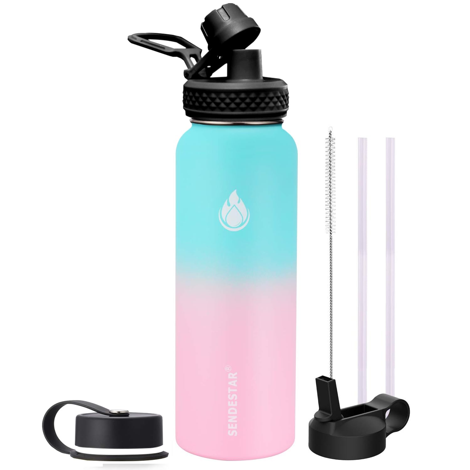 SENDESTAR Water Bottle 32 oz Double Wall Vacuum Insulated Leak Proof Stainless Steel Sports Water Bottle—Wide Mouth with Straw Lid & Flex Cap & Spout Lid (Bubble Gum)