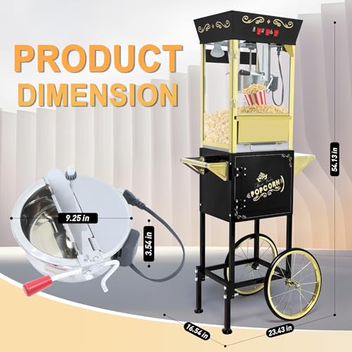 Image of Popcorn Machine with Cart & Wheels - Popcorn Maker Machine with 14OZ Stainless Steel Kettle, Pop corn Machine Maker for Home, Parties, Movie Theater, Black