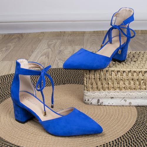 Women's Ankle Strappy Heels Pointed Closed Toe Dressy Suede Pumps with Bow Ladies Wedding Party Comfortable 2 Inch Low Chunky Block D'Orsay Heels4