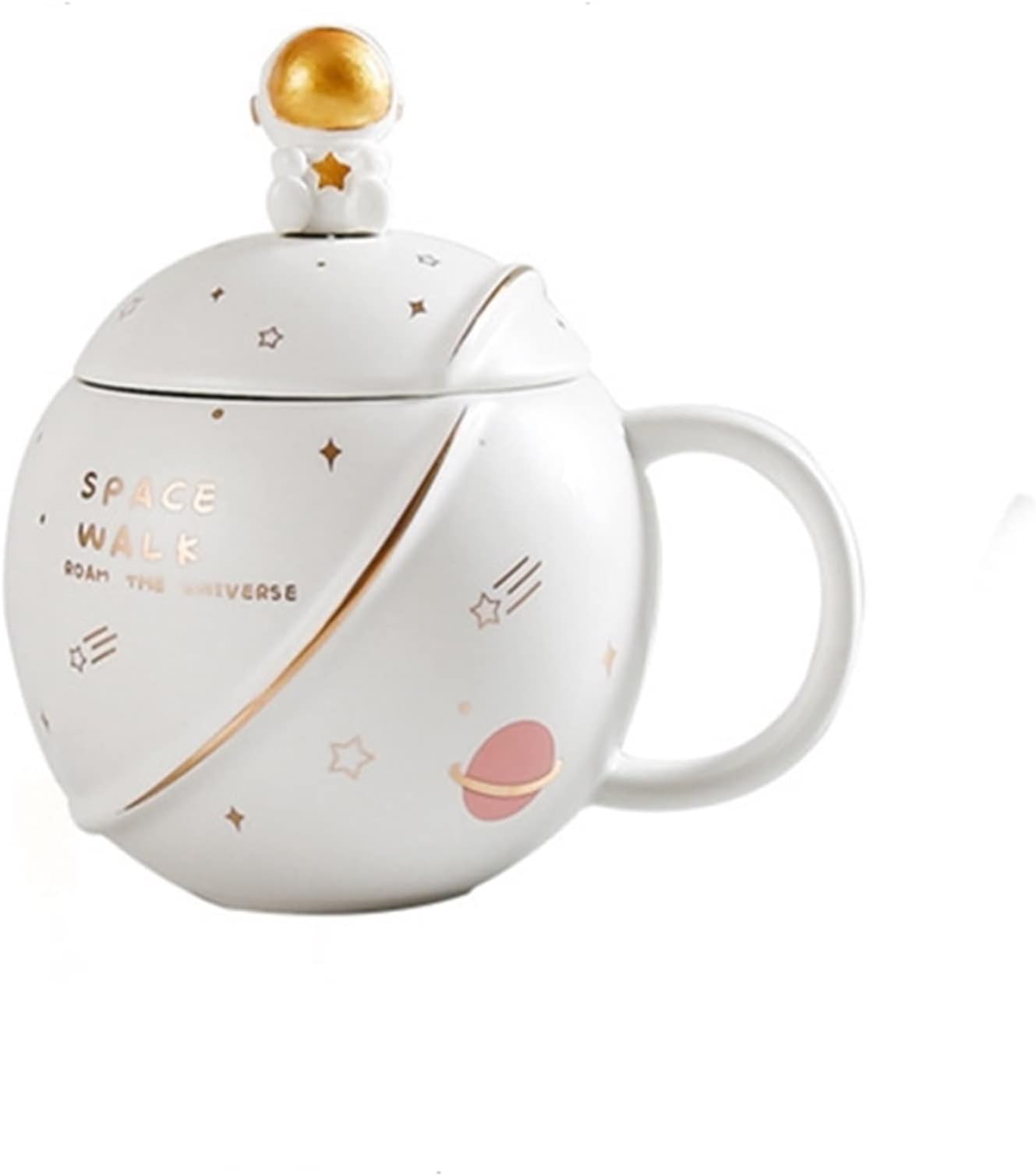 NYRWANA Coffee Mug, Mugs for Coffee, Birthday Gift, Coffee Mug with Lid, Mug with Lid & Spoon, Ceramic Mug, 3D Creative Space and Astronaut Planet Coffee Mug (400ml - White)