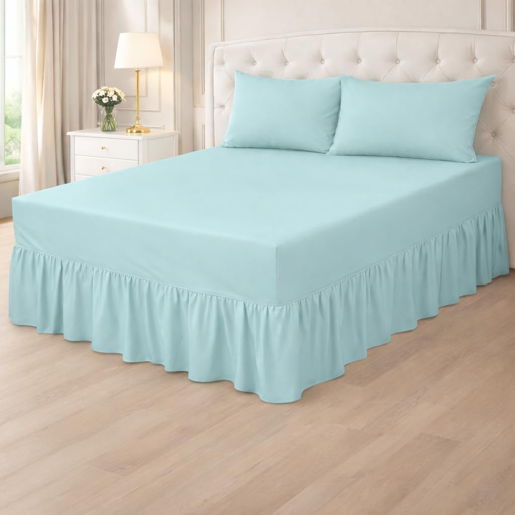 Plain Poly cotton Extra Deep Frilled Valance Fitted Sheets, Easy Case Fitted Valance Sheets in 14 Attractive Colors, Percale Quality Fitted Valance Sheet (Duck egg, King)