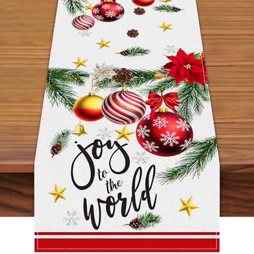 72 x 13 Inch Christmas Table Runner, Joy to the World Red Ornament Design with Poinsettia, Pine Branches, and Snowflake Pattern for Holiday Kitchen, Dining Table, Mantel, and Xmas Party Decorations