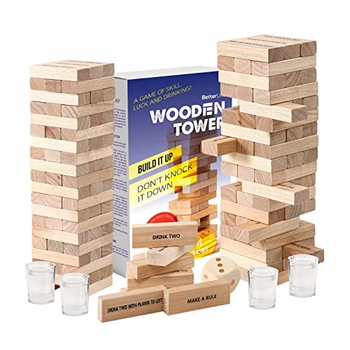 BETTERLINE Wooden Tower Stacking Blocks Drinking Game - 48 Pieces - Tumbling Tower for Adults - Friends Party Game, Bachelor Party, Bachelorette Party (60 Pieces w/Text)