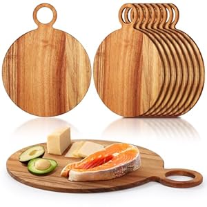 Jinei 10 Pack Acacia Wood Cutting Board Bulk with Handle Wooden Chopping Boards Round Charcuterie Boards Round Wood Cheese Paddle Board for Meat Bread Serving Board Circular Carving Cutting Board