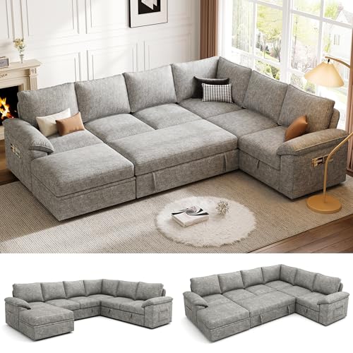 Image of 108'' Modular Sectional Sofa with Pull Out Bed, Sleeper Sofa, Light Gray