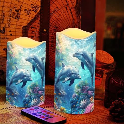 Image of Sea Dolphin Flameless Candles with Remote Color Changing Battery Operated Pillar Candles with Flickering Flame Electric Fake Plastic Candles Tea Light Living Room Dining Table Decor