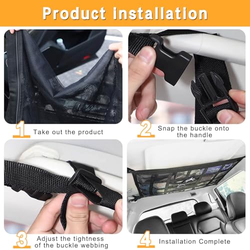 Gepäcknetz Auto, 90×65cm Dachnetz Auto Innen, Gepäcknetz mit Verstellbare Kreuzgurte und 3 unabhängige Reißverschlusstaschen für Vier Dach Armlehnen Jeeps, Van, SUV