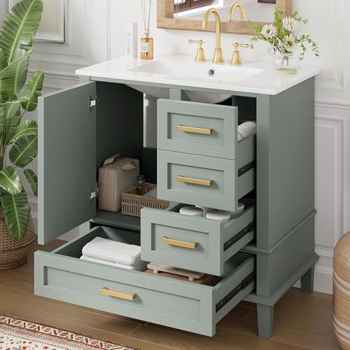 Mirightone 30\" Bathroom Vanity with Sink, 30 in Vanity with Sink for Bathroom, Modern Bathroom Vanity with Sink 30 Inch, 30 Restroom Vanity with Sink, 3 Drawers and 1 Soft Closing Door (Light Green)
