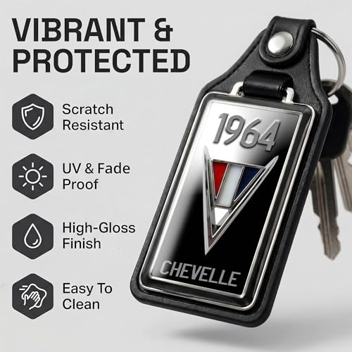 Image of Brotherhood 1964 Compatible with Chevelle Checkered Flag Red White Blue Design Faux Leather Key Chain Key Ring - Key Chains for Women and Key Chains Men for Classic Retro Cars