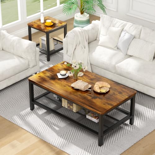 Image of 3-Piece Coffee Table and End Table Sets for Living Room, Industrial Coffee Table Set of 3 with Storage, Modern Farmhouse Rustic Living Room Table Set for Apartment Home Office