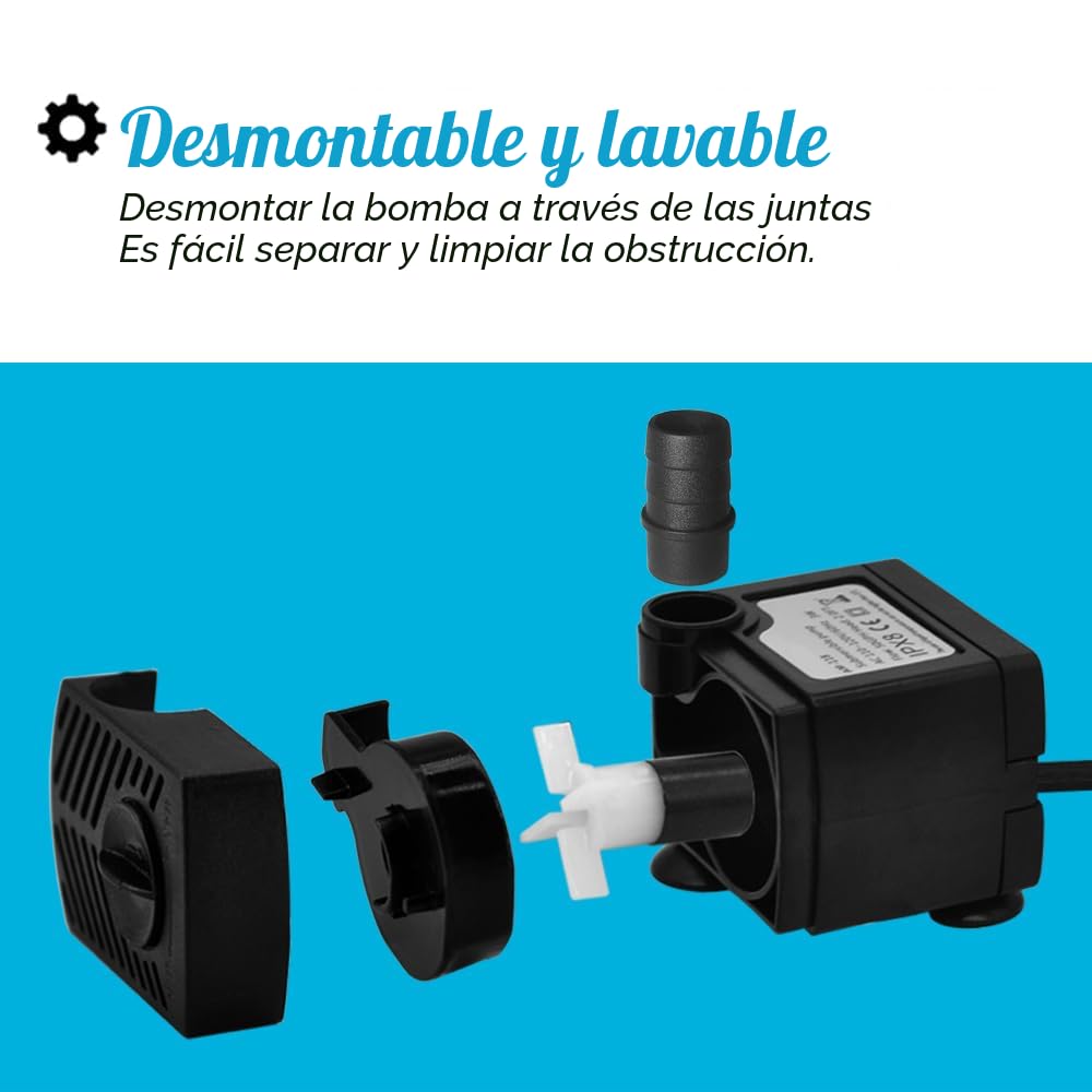 CESFONJER Bomba De Agua Mini Sumergible Sin Escobillas – 12V CC, 240 L/h, Silenciosa Para Pecera, Fuente O Estanque (Incluye 3m Tubo PVC 8mm)