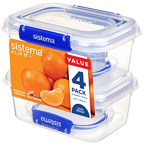 Sistema KLIP IT PLUS Food Storage Containers | 4 Piece Airtight Containers Starter Set | Leak-Proof Seal | Easy Locking Clips | BPA-Free