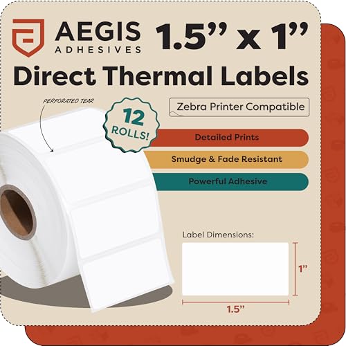 Aegis Adhesives - 1.5" X 1" Direct Thermal Labels (12 Rolls, 1300 Labels/Roll) Multipurpose for QR Codes - Perforated, Compatible with Zebra Desktop Printers - NOT Rollo Compatible by Aegis Adhesives - Image 2