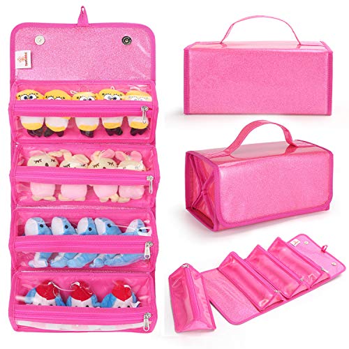 KOOKIDDOS Magnet Folding Toy Organizer Storage Bag for Girls, Roll Up Makeup Case with Removable Pockets and Travel Toiletry Bag, Compatible with LOL Surprise Dolls, Display Collectible, Glitter Pink
