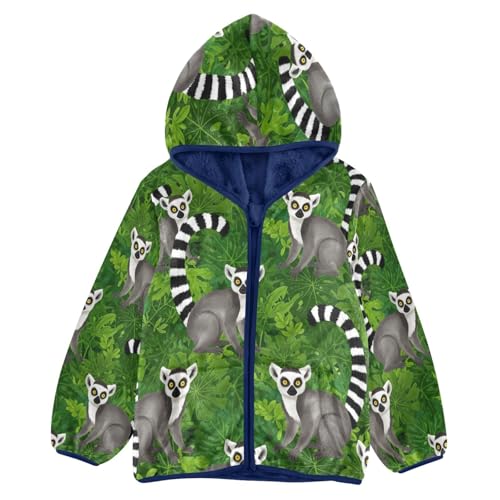 Lemurs Green Leaves Pattern Toddler Fleece Jacket Girl Boys Hooded Fleece Jacket Coat Warm Outwear Zip-up 3-10T