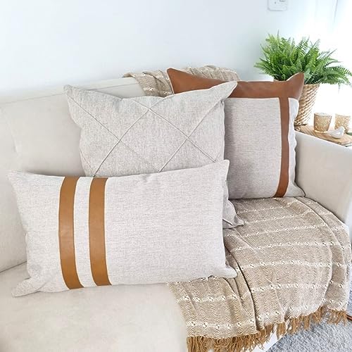 Kit 3 Capas de Almofadas Decorativas Linho Rustico com Couro Marr...