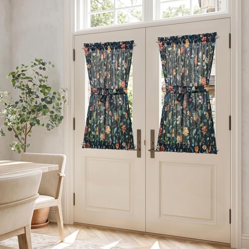 Image of jinchan Hattie Floral French Door Curtain 40 Inch Length Vintage Cottage Core Farmhouse Linen Decor for Glass Door Light Filtering 1 Panel with Tie Up Bow Rod Pocket Dark Blue