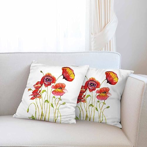 Miniatura 6 de Juego de 2 fundas de almohada cuadradas con diseño de amapolas rojas, flores, acuarela, pintadas a mano, para sofá, silla, dormitorio, 18 x 18