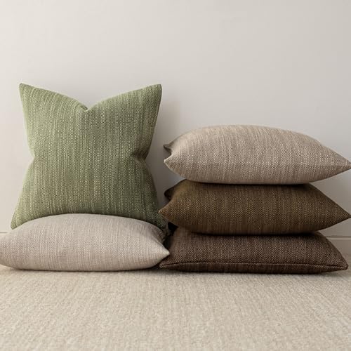 Image of Foindtower Set of 2 Decorative Textured Burlap Linen Throw Pillow Covers Farmhouse Boho Cushion Cover Solid Accent Pillowcase for Couch Sofa Bed Living Room Home Decor,20x20 Inch,Olive Green