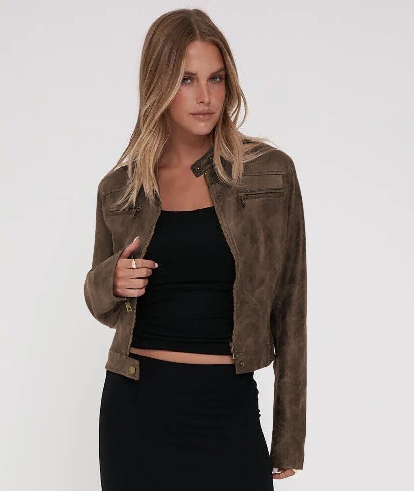 Onedreamer Women's Faux Leather Cropped jackets Casual Vintage Zip Up Stand Collar Motorcycle Short Coat Jacket2