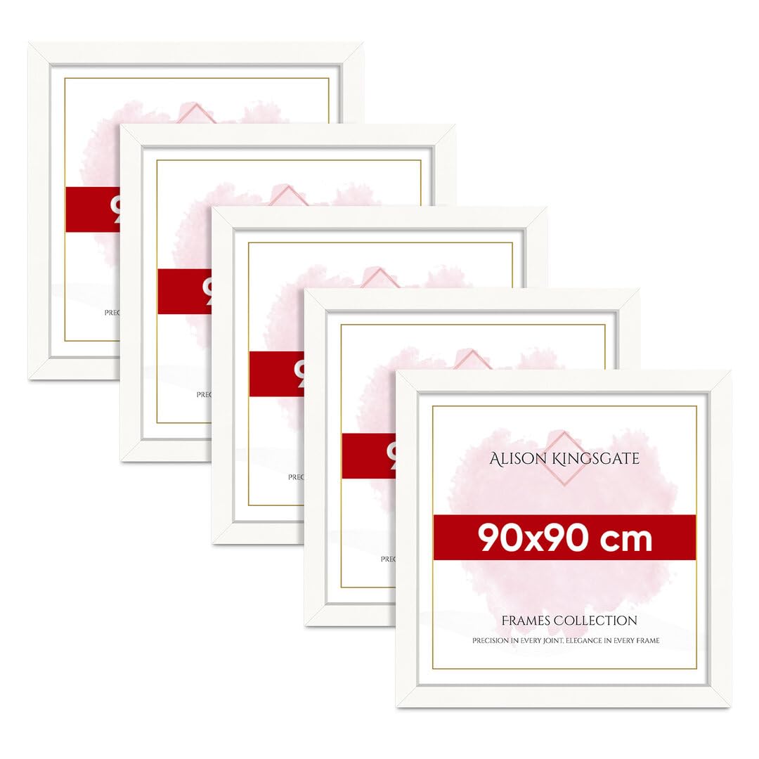 Alison Kingsgate Modern 90X90CM WHITE Photo Frame Pack of 5-Engineered Wood Picture Frames with Shatterproof Perspex - Ideal for Artwork-Wall Mount or Tabletop - Multiple Sizes & Colours Available