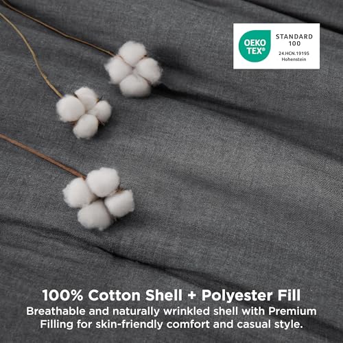 Image of Bedsure Comforter Set Queen Size - Cotton Fabric with Microfiber Inner Fill, Dark Grey PureWoven Soft Bed Set for All Seasons, 3 Pieces, 1 Comforter (90 inchx90 inch) and 2 Pillow Cases (20 inchx26 inch)