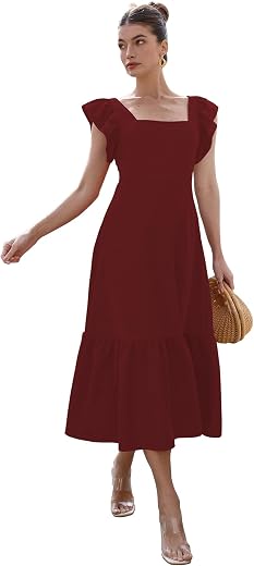 Sugathari Girl's &amp; Women's Solid Color Square Neck, Ruffle-Trimmed Hem Sleeveless, Ruffle Armhole and Casual Dress with Ci...